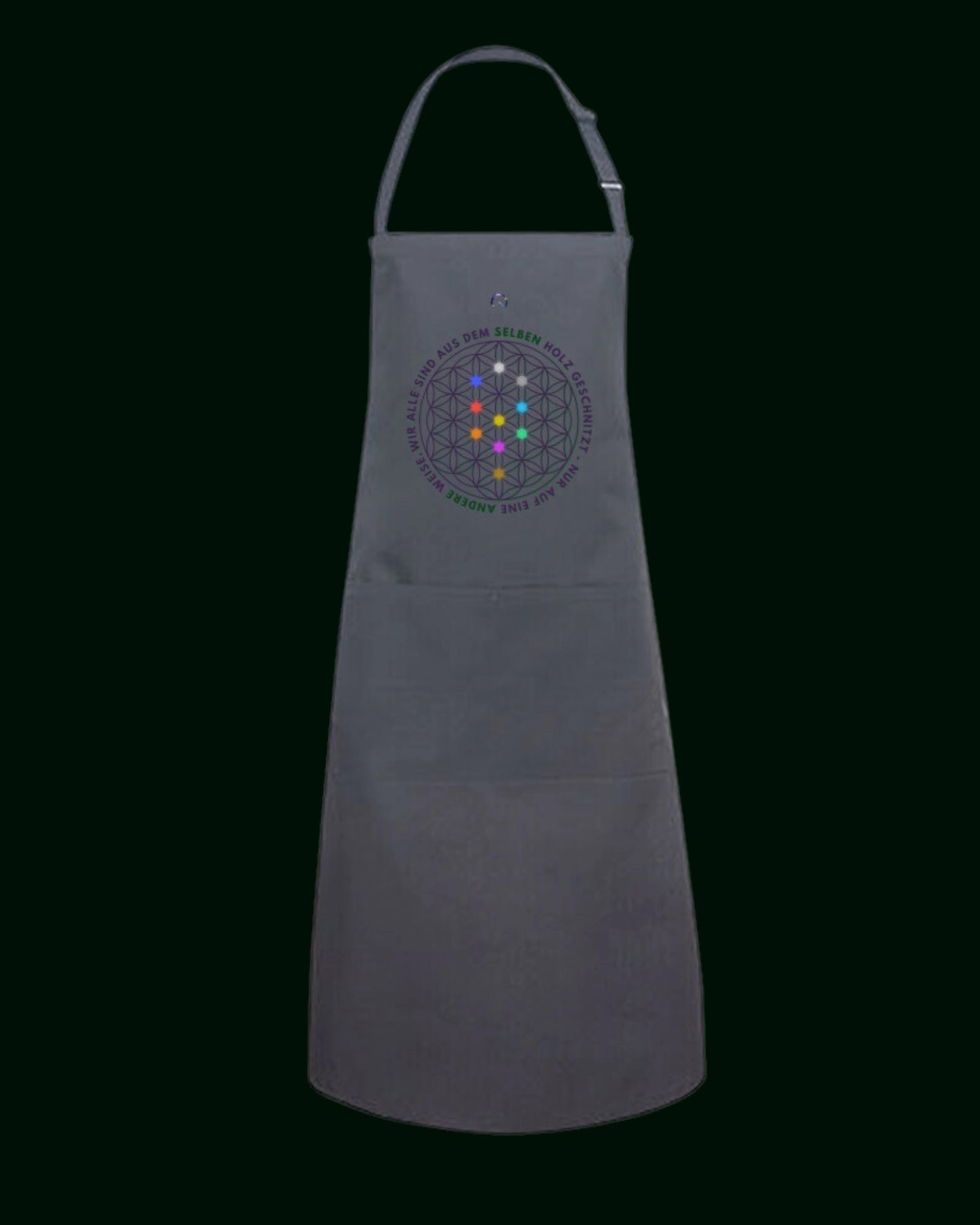 Anthrazitfarbene Kunstschürze, Kochschürze bzw. Werkstattschürze mit Tasche & Schnalle & der Blume des Lebens auf der Front.