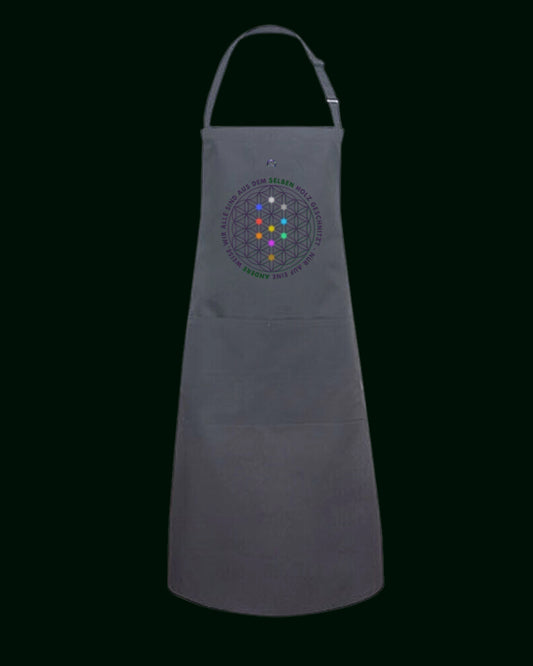 Anthrazitfarbene Kunstschürze, Kochschürze bzw. Werkstattschürze mit Tasche & Schnalle & der Blume des Lebens auf der Front.