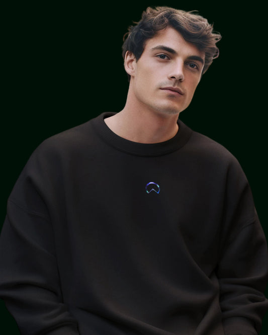 Schwarzes Sweatshirt (Pullover) aus 85% Bio-Baumwolle mit der Blume des Lebens auf dem Rücken & alphaiomega auf der Brust