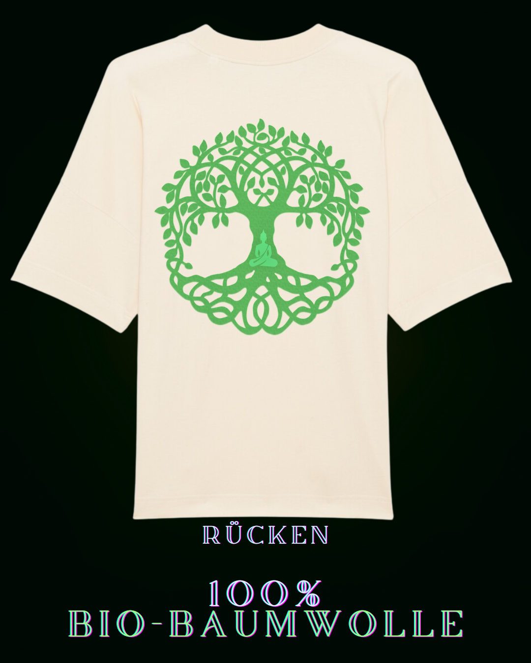 100% Bio-Baumwoll-T-Shirt im natürlichen Baum des Lebens Stil für eine nachhaltige Welt | Baum des Lebens Symbol mit meditierendem Menschen am Stamm auf Rückseite & dezentem ALPHA-i-OMEGA symbol mittig am Herzen