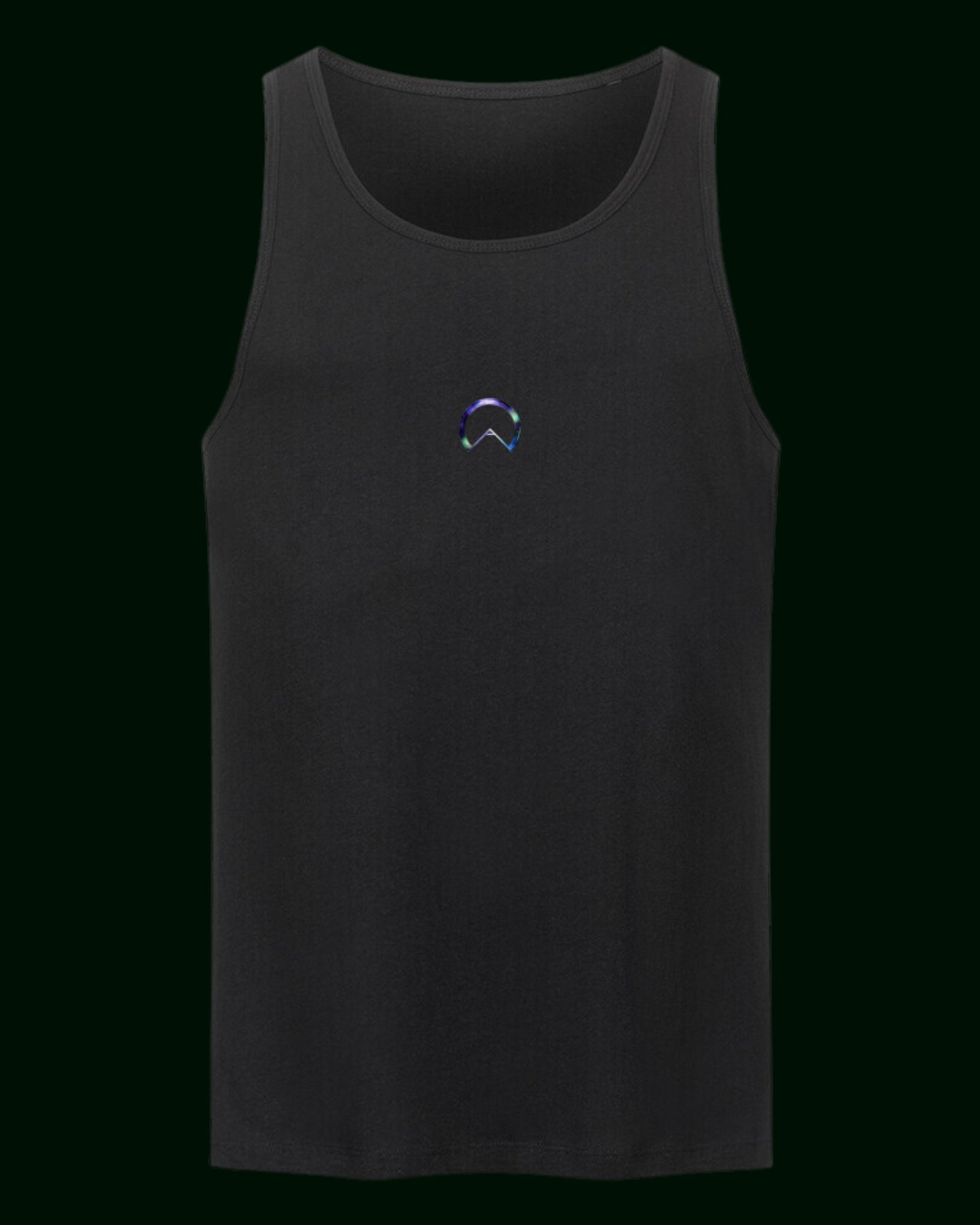Schwarzes Herren Tanktop aus 100% Baumwolle mit der Blume des Lebens auf dem Rücken & alphaiomega auf der Brust
