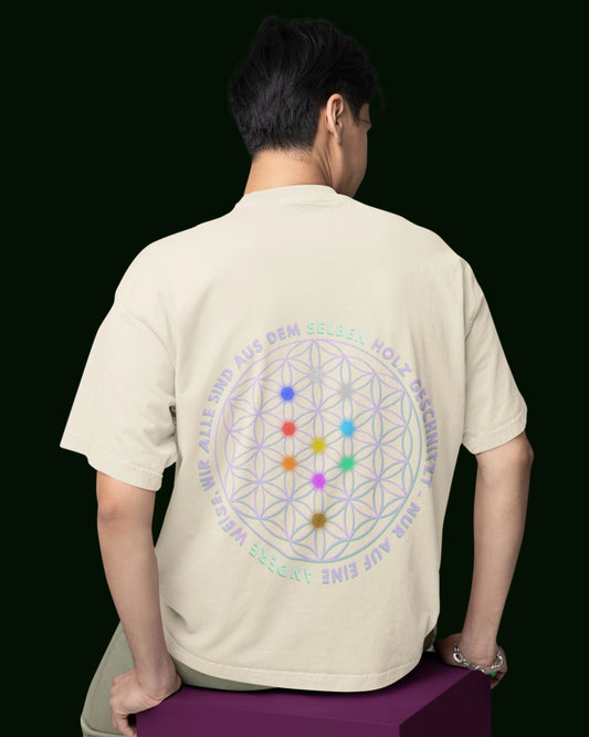 Naturfarbenes (besches) TShirt aus 100% Bio-Baumwolle mit der Blume des Lebens auf dem Rücken & alphaiomega auf der Brust