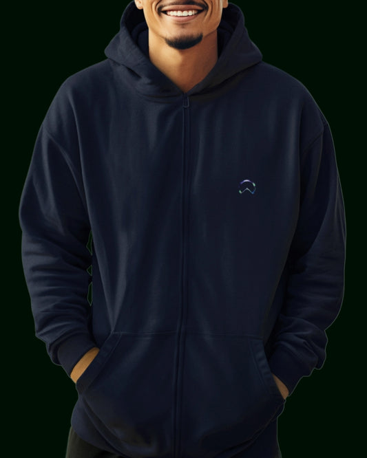 Hoodie (Kapuzenpullover) mit Reißverschluss aus 100 % Baumwolle mit der sich selbst verschlingenden Schlange, fraktalen Mustern & dem Yin Yang Symbol auf dem Rücken und am Herzen das dezente ALPHA i OMEGA strahlend in navy blau