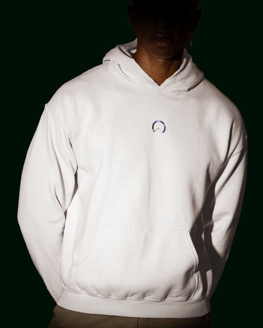 Weißer Hoodie (Kapuzenpullover) aus 85% Bio Baumwolle mit der Blume des Lebens auf dem Rücken