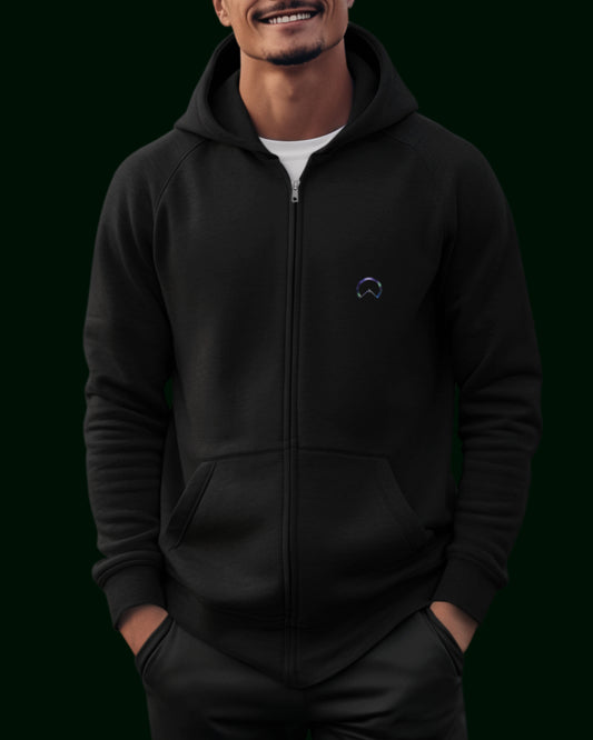 Schwarzer Hoodie (Kapuzenpullover) mit Reißverschluss aus 100% Baumwolle mit der Blume des Lebens auf dem Rücken