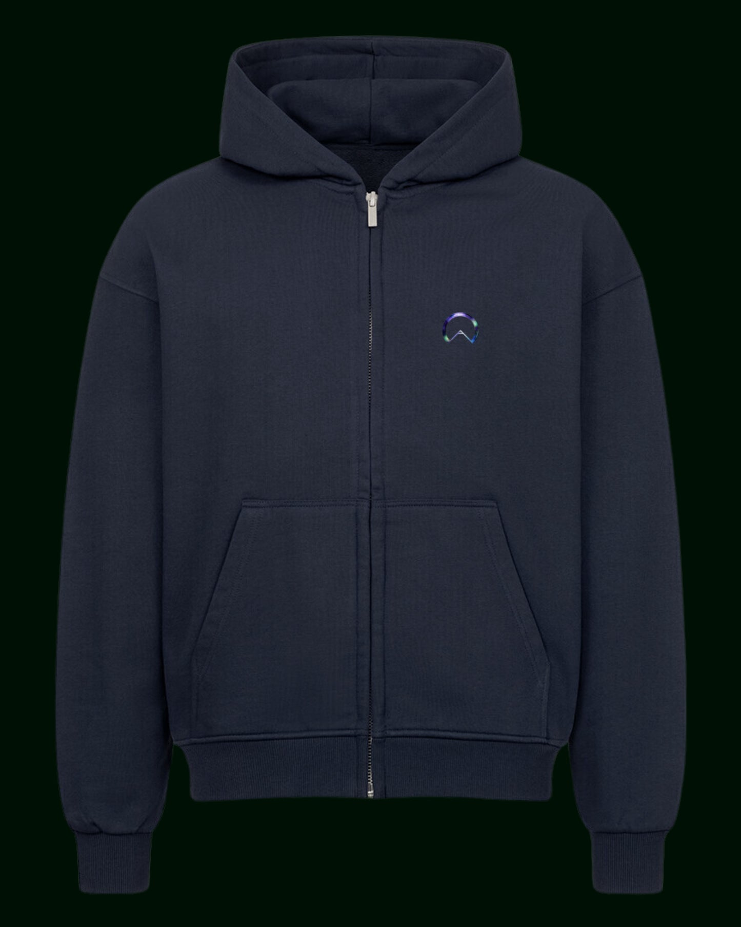 Navy-blauer Hoodie (Kapuzenpullover) mit Reißverschluss aus 100% Baumwolle mit der Blume des Lebens auf dem Rücken