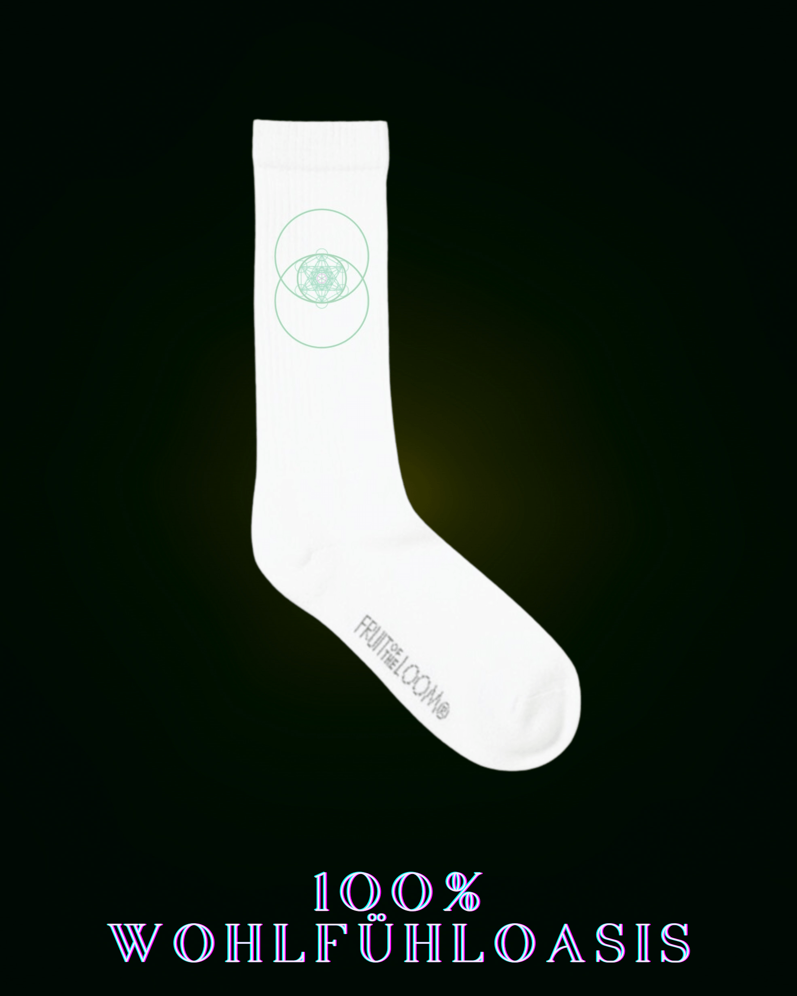 Weiße Socken für Herren & Frauen aus 67% Baumwolle für jeden Anlasse | Sportsocken, Heimsocken mit einem grünem Zytokinesissymbol mit Hexagonaler Struktur nach goldenem Schnitt in der Mitte