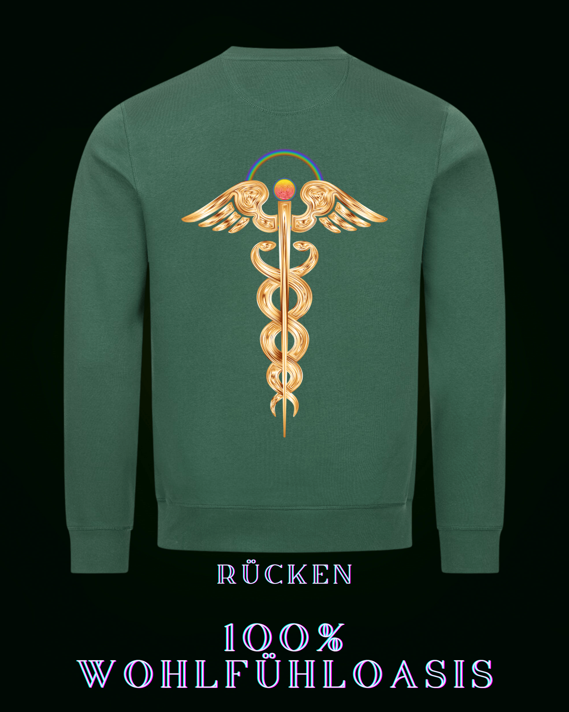 Grüner Ökologischer Pullover aus 85 % Bio Baumwolle mit Kundalinidruck auf der Rückseite & dezentem ALPHA i OMEGA Logo am Herzen für eine nachhaltige Welt. #fashion #style #sweatshirt #pullover