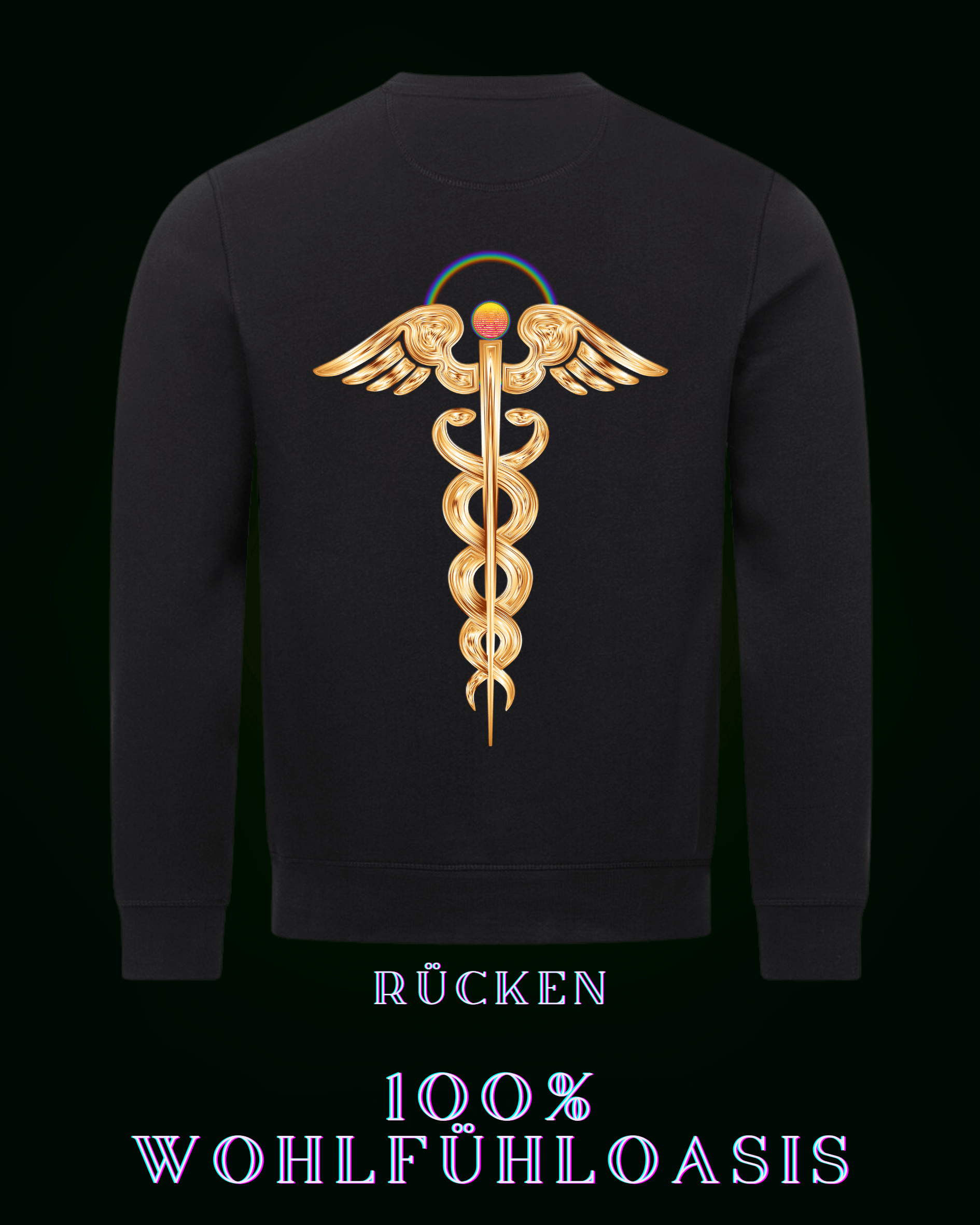 Schwarzer Ökologischer Pullover aus 85 % Bio Baumwolle mit Kundalinidruck auf der Rückseite & dezentem ALPHA i OMEGA Logo am Herzen für eine nachhaltige Welt. #fashion #style #sweatshirt #pullover