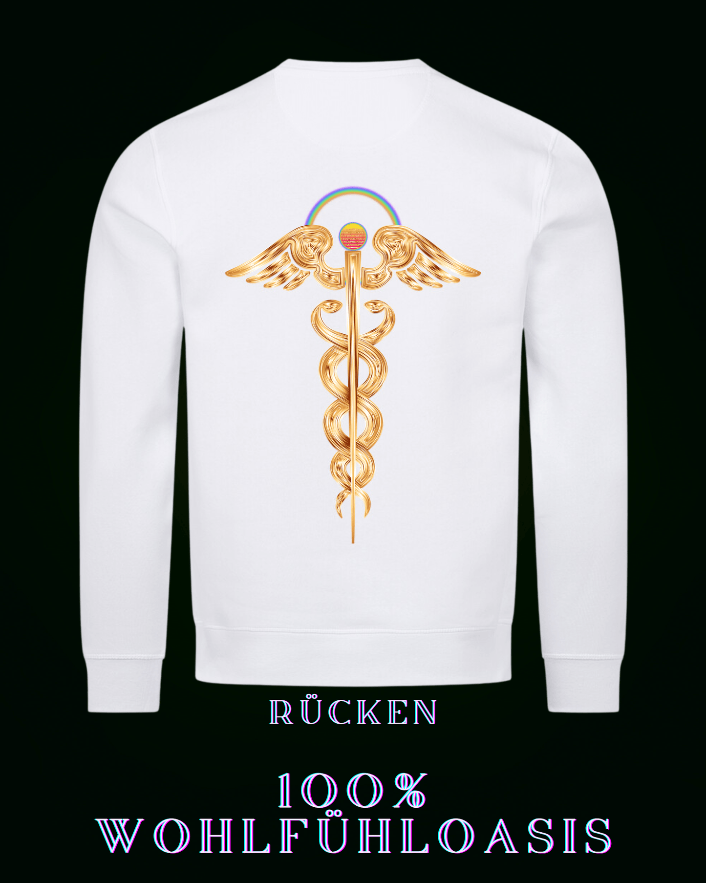 Weißer Ökologischer Pullover aus 85 % Bio Baumwolle mit Kundalinidruck auf der Rückseite & dezentem ALPHA i OMEGA Logo am Herzen für eine nachhaltige Welt. #fashion #style #sweatshirt #pullover