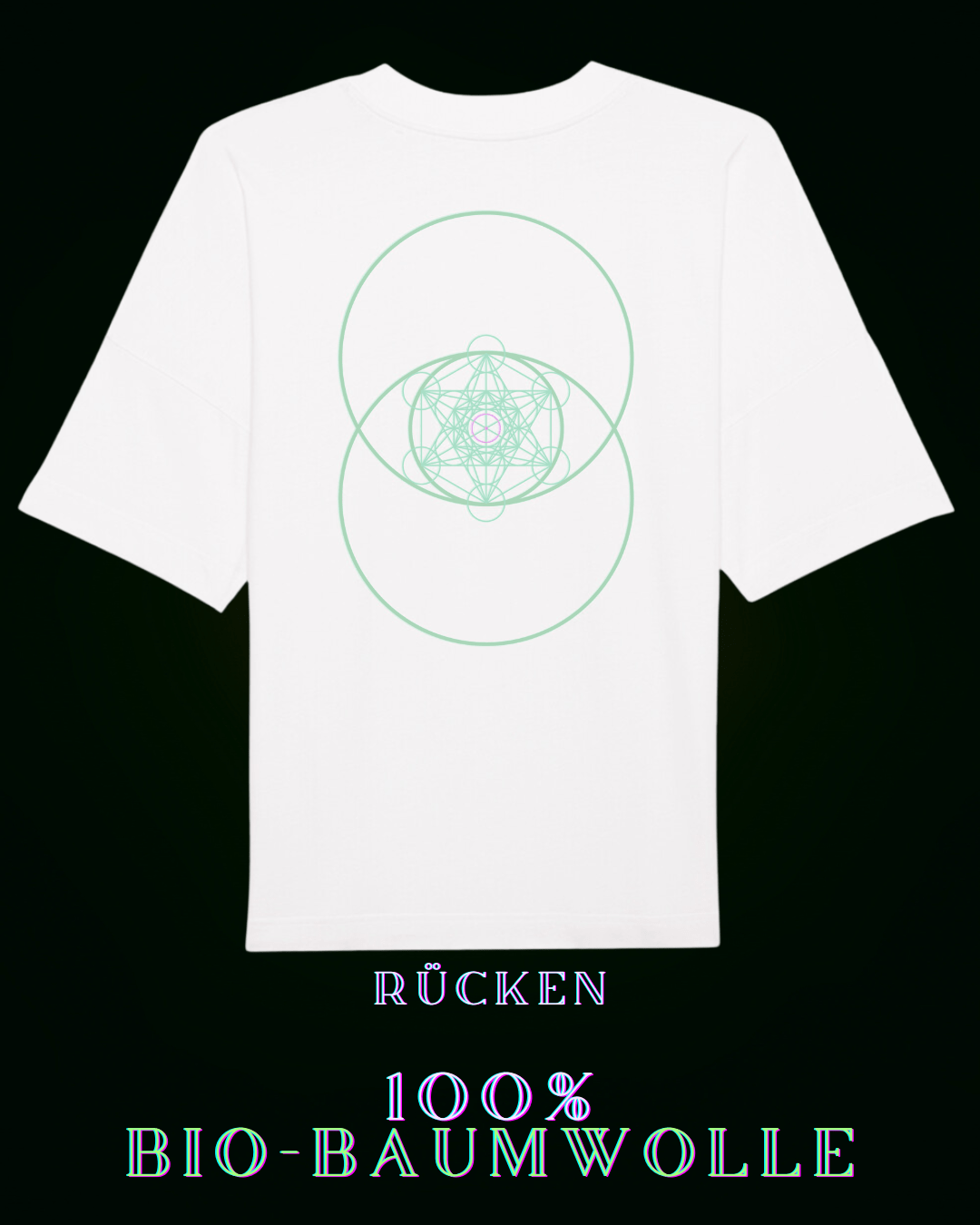 Nachhaltiges weißes TShirt aus 100 % Bio Baumwolle | Zytokinesissymbol (Zellteilung) mit hexagonalem Muster mittig & einem kleinem Sonnensymbol im Zentrum auf der Rückseite | dezentes ALPHA i OMEGA Design vorn am Herzen | Grüne Mode