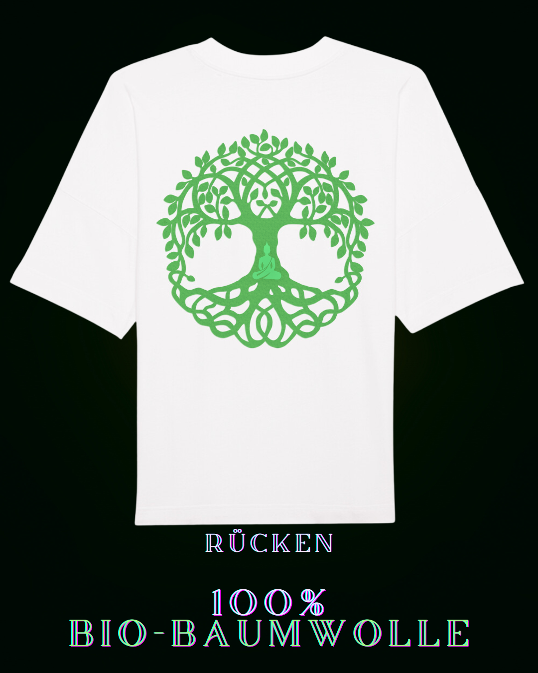 100% Bio-Baumwoll-T-Shirt im natürlichen Baum des Lebens Stil für eine nachhaltige Welt | Baum des Lebens Symbol mit meditierendem Menschen am Stamm auf Rückseite & dezentem ALPHA-i-OMEGA symbol mittig am Herzen