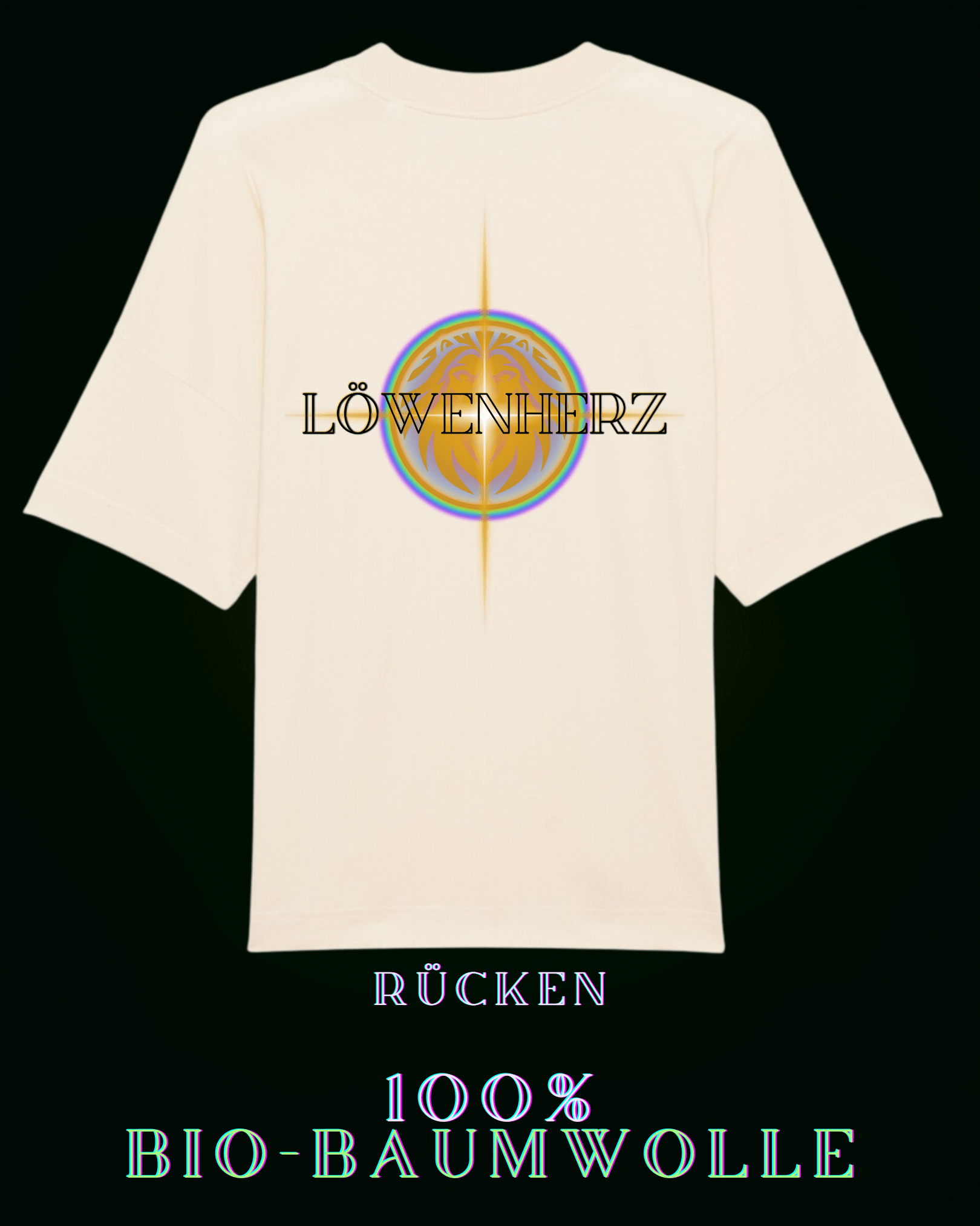 Nachhaltiges beige farbenes TShirt aus 100 % Bio Baumwolle | Löwenherzsymbol mit Aufschrift auf der Rückseite | dezentes ALPHA i OMEGA Design vorn am Herzen | Grüne Mode