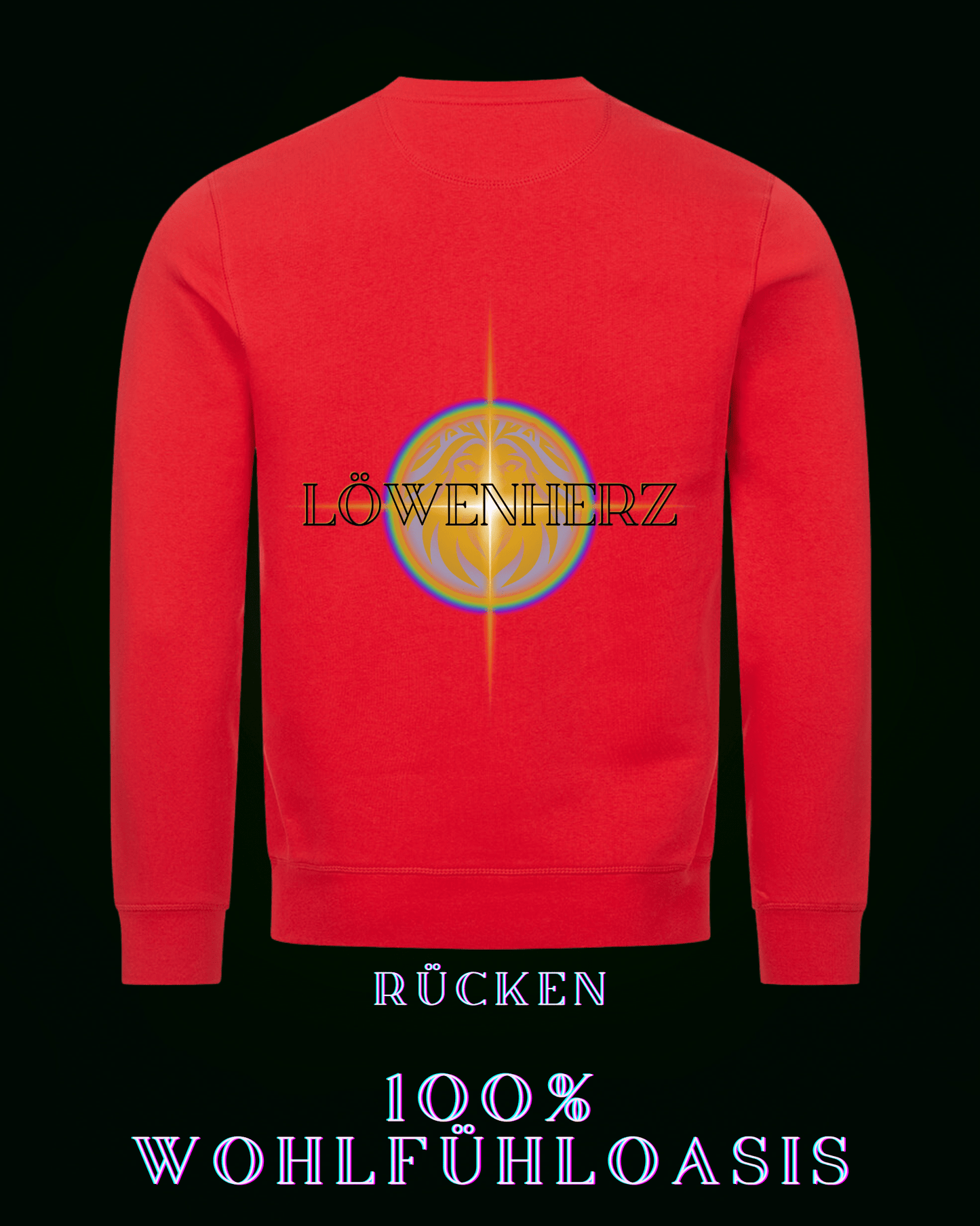 Roter Ökologischer Pullover aus 85 % Bio Baumwolle mit Löwenherzlogo auf der Rückseite & dezentem ALPHA i OMEGA Logo am Herzen für eine nachhaltige Welt. #fashion #style #sweatshirt #pullover