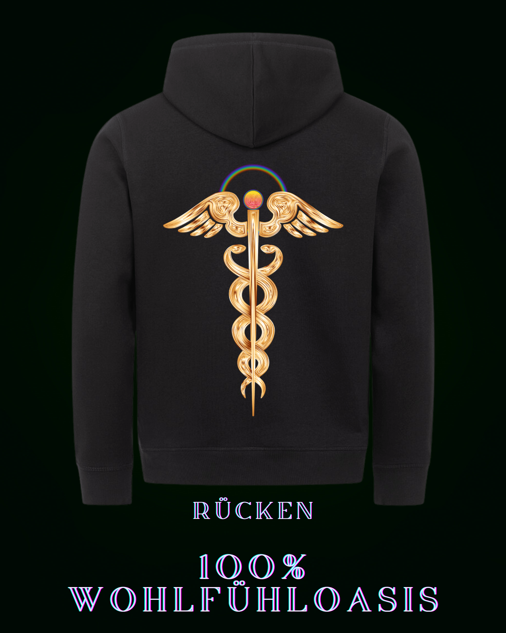 Schwarzer premium Hoodie aus 85 % Bio Baumwolle für Herren & Damen gleichermaßen konzipiert - Großes Kundalinisymbol auf der Rückseite - Auf der Front (am Herzen ein dezentes ALPHA i OMEGA Symbol - nachhaltiger hoodie- ökologischer Kapuzenpullover