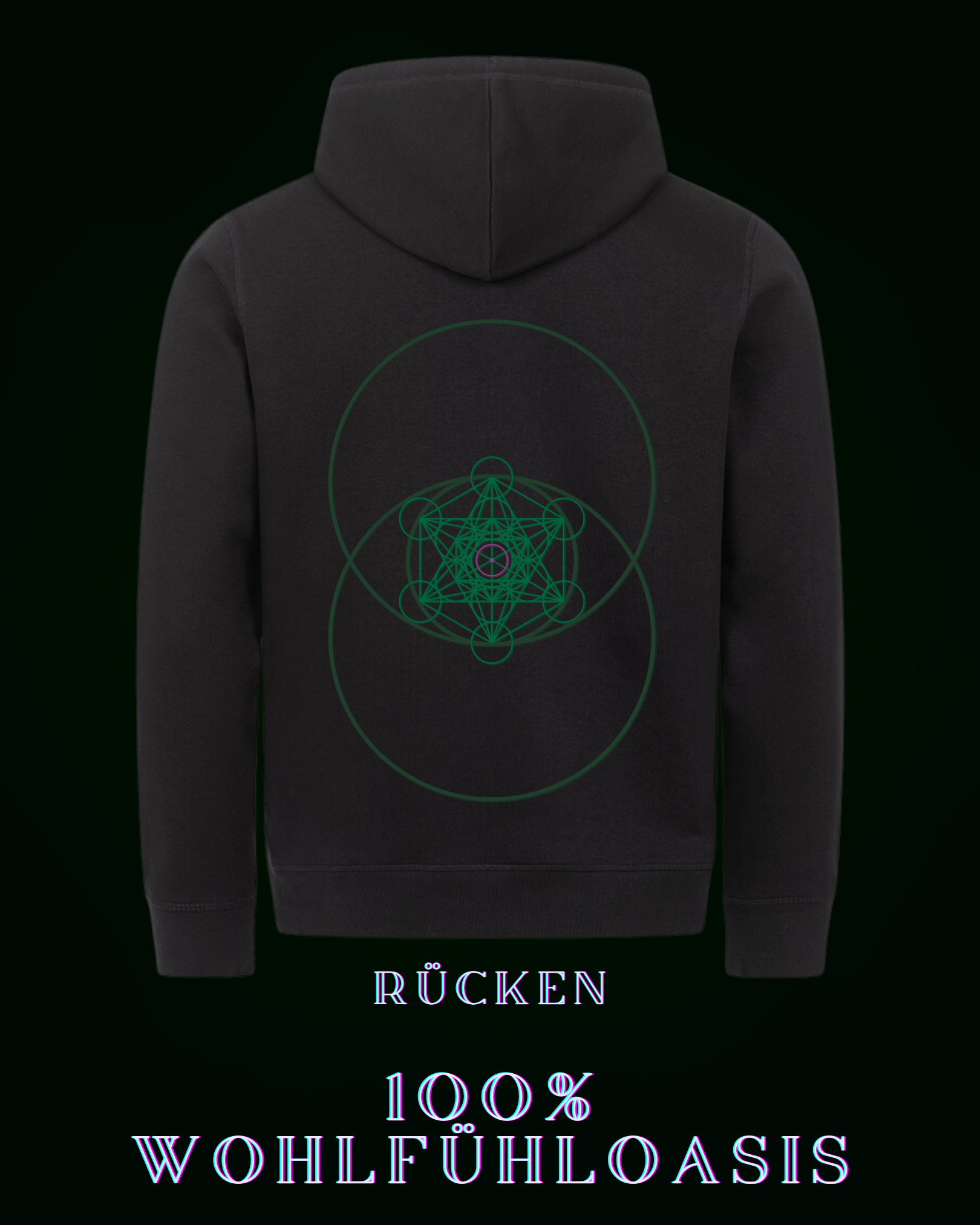 Schwarzer Kapuzenpullover aus 85% Bio Baumwolle für Damen & Herren gleichermaßen konzipiert - Hoodie mit schönem Zytokinesis Logo mit nach goldener Schnitt basierten hexagonalen Struktur mitten drin & vorne am Herzen ein schönes, aber dezentes ALPHA i OMEGA Symbol - mit Bauchtasche von beiden Seiten