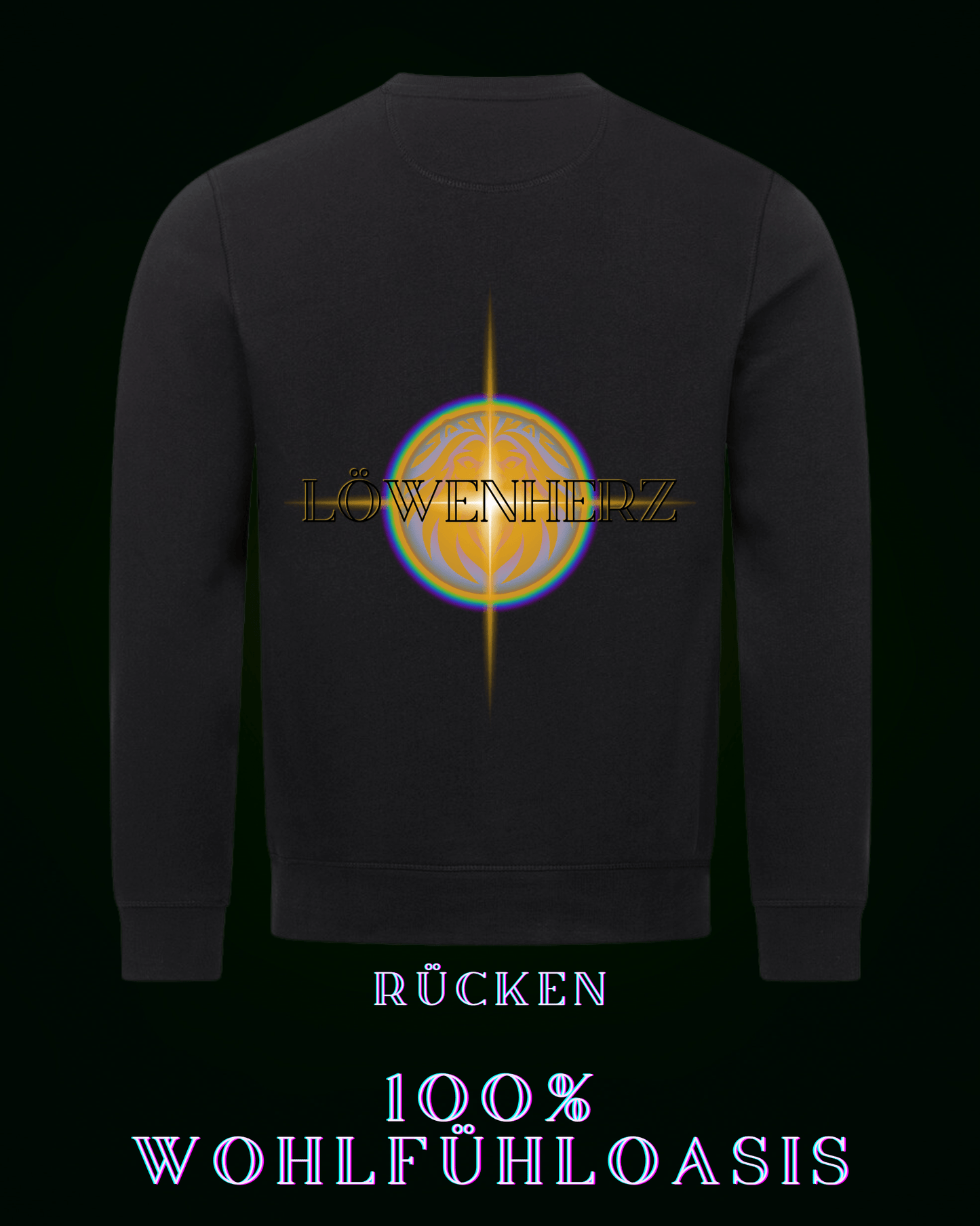 Schwarzer Ökologischer Pullover aus 85 % Bio Baumwolle mit Löwenherzlogo auf der Rückseite & dezentem ALPHA i OMEGA Logo am Herzen für eine nachhaltige Welt. #fashion #style #sweatshirt #pullover