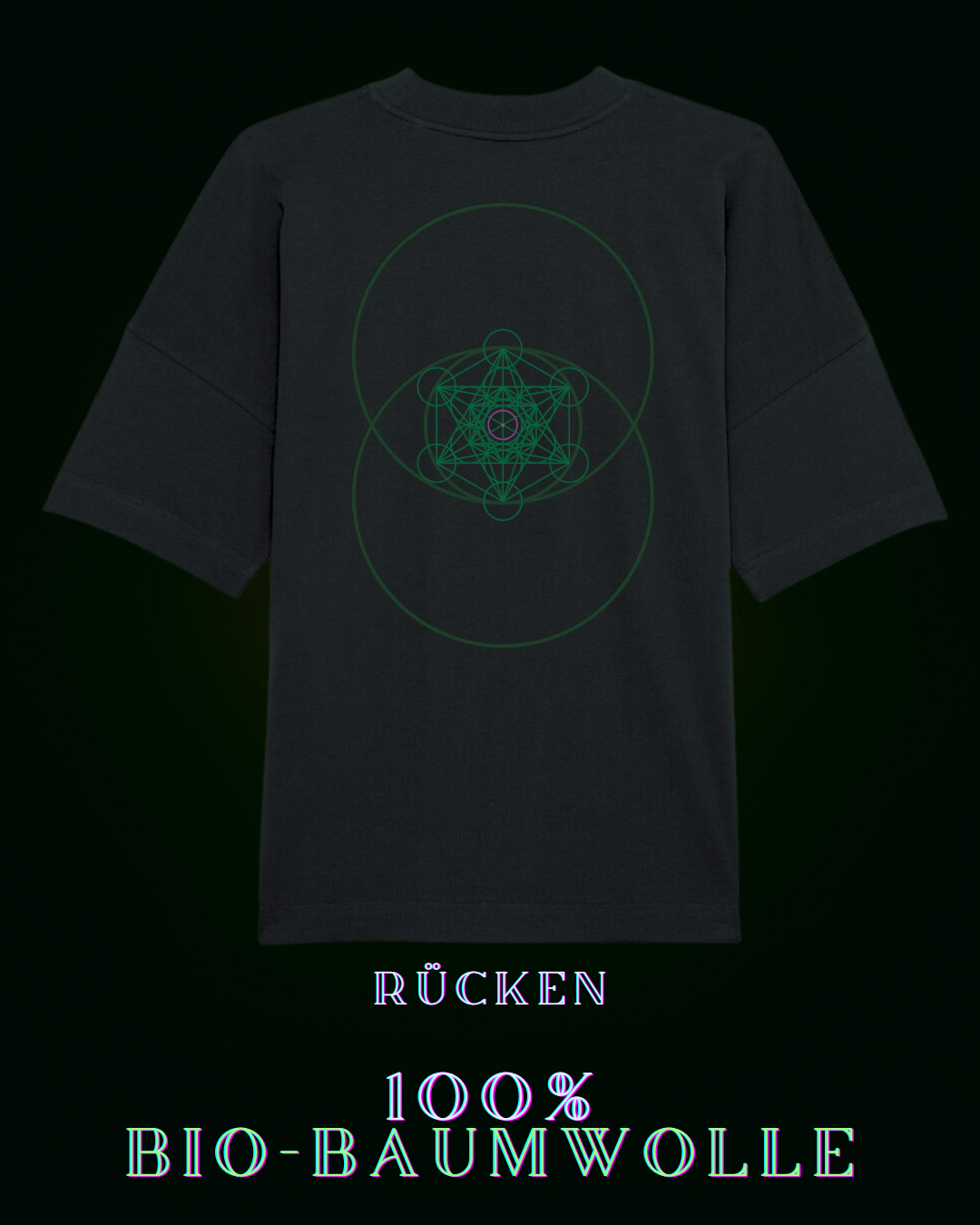 Nachhaltiges schwarzes TShirt aus 100 % Bio Baumwolle | Zytokinesissymbol (Zellteilung) mit hexagonalem Muster mittig & einem kleinem Sonnensymbol im Zentrum auf der Rückseite | dezentes ALPHA i OMEGA Design vorn am Herzen | Grüne Mode