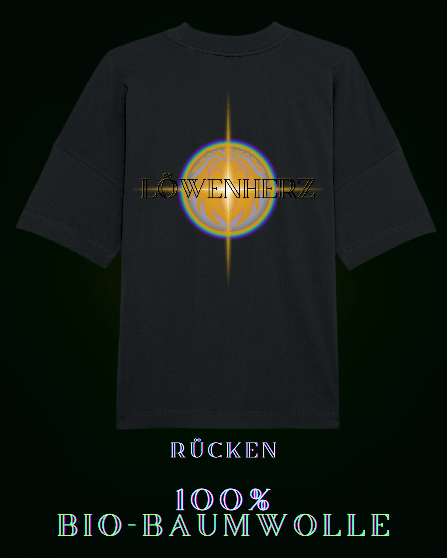 Nachhaltiges schwarzes TShirt aus 100 % Bio Baumwolle | Löwenherzsymbol mit Aufschrift auf der Rückseite | dezentes ALPHA i OMEGA Design vorn am Herzen | Grüne Mode