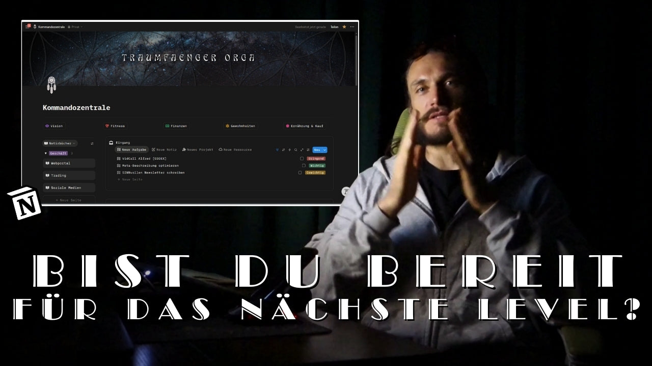 Video laden: TRAUMFÄNGER ORGA ist dein persönliches Organisations‑System in Notion, das dir hilft, endlich Ruhe im Kopf zu bekommen, deine Aufgaben zu meistern und deine wichtigsten Lebensbereiche mit Klarheit zu steuern.Ohne Chaos. Ohne Überforderung. Ohne unnötige Komplexität.Dieses Template vereint Aufgaben, Projekte, Routinen, Termine, Notizen, Ressourcen und Reflexion in einem einzigen, harmonischen Workspace – so strukturiert, dass du dich sofort zurechtfindest und wirklich ins Tun kommst.
