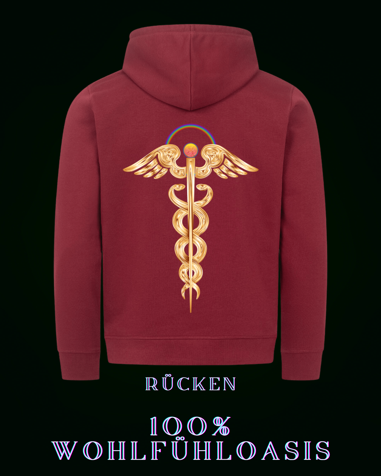 Weinroter premium Hoodie aus 85 % Bio Baumwolle für Herren & Damen gleichermaßen konzipiert - Großes Kundalinisymbol auf der Rückseite - Auf der Front (am Herzen ein dezentes ALPHA i OMEGA Symbol - nachhaltiger hoodie- ökologischer burgunder Kapuzenpullover