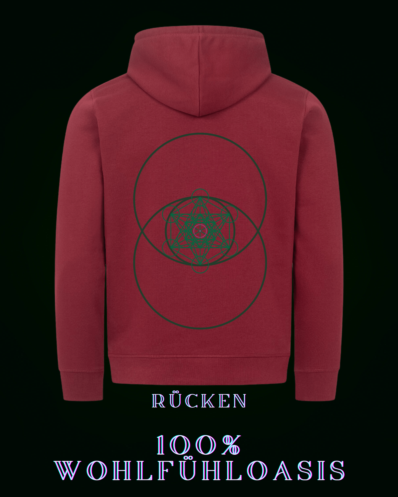 Weinrot (Burgunder) Kapuzenpullover 85% Bio Baumwolle für Damen & Herren gleichermaßen konzipiert - Hoodie mit schönem Zytokinesis Logo mit nach goldener Schnitt basierten hexagonalen Struktur mitten drin & vorne am Herzen ein schönes, aber dezentes ALPHA i OMEGA Symbol- mit Bauchtasche von beiden Seiten