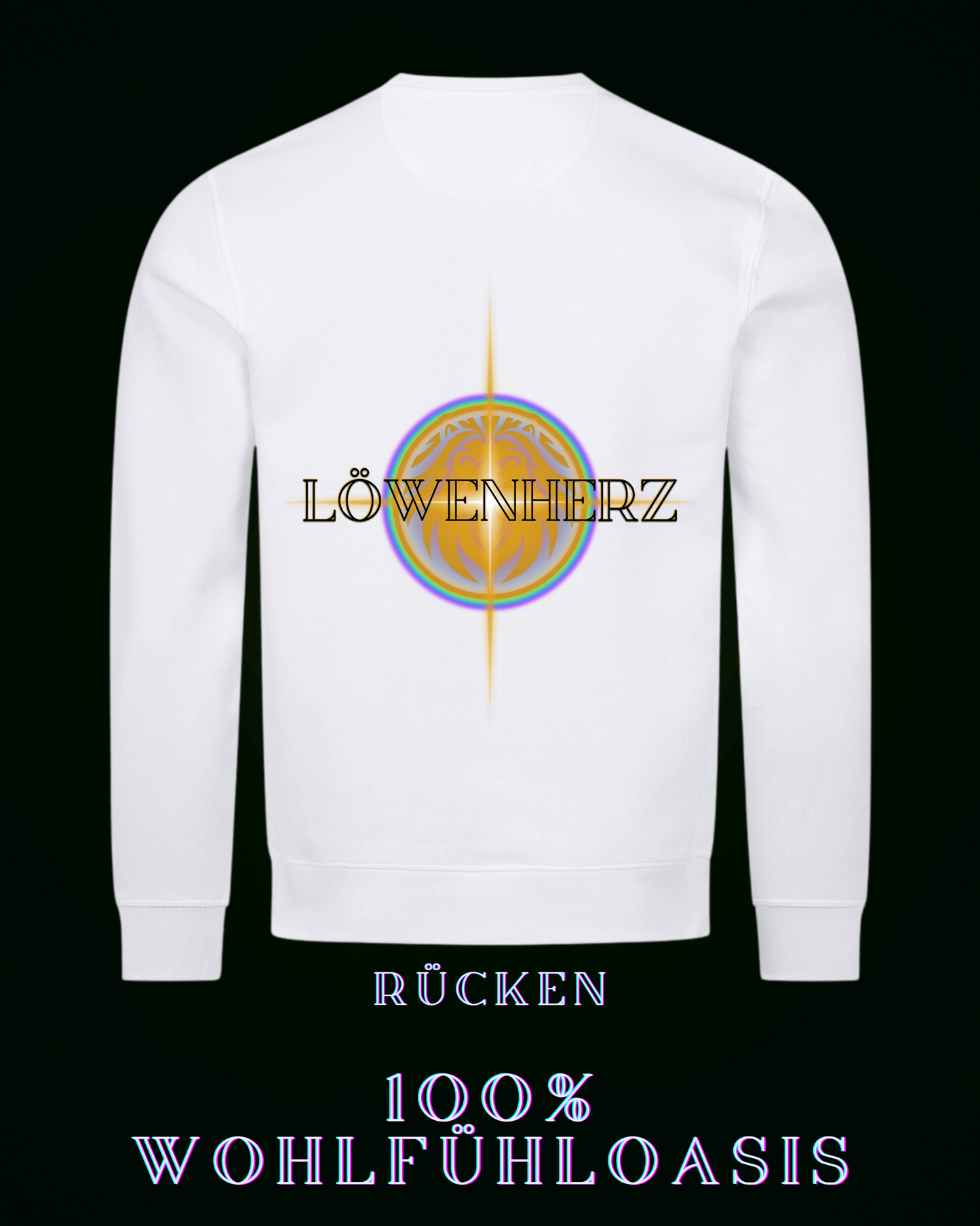 Weißer Ökologischer Pullover aus 85 % Bio Baumwolle mit Löwenherzlogo auf der Rückseite & dezentem ALPHA i OMEGA Logo am Herzen für eine nachhaltige Welt. #fashion #style #sweatshirt #pullover