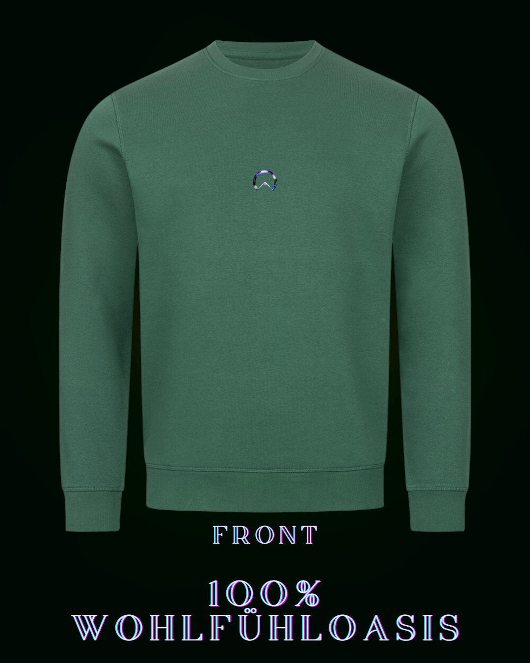 Grüner premium Pullover aus 85 % Bio Baumwolle  für Herren & Damen gleichermaßen konzipiert - großes vikinger triquetrasymbol auf der Rückseite (ein harmonisch nach goldenem Schnitt berechnetem dreieinigkeitssymbol) mit einem Sonnensymbol in der Mitte - Auf der Front (am Herzen ein dezentes ALPHA i OMEGA Symbol - nachhaltiges sweatshirt  - langarmshirt - ökologischer pullover