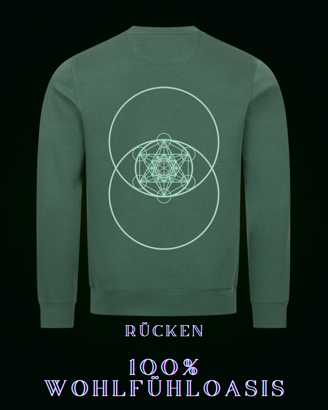 Grüner premium Pullover für Herren & Damen gleichermaßen konzipiert - großes Zytokinesissymbol auf der Rückseite mit einem harmonisch nach goldenem Schnitt berechnetem Hexagon mit einem Sonnensymbol in der Mitte - Auf der Front (am Herzen ein dezentes ALPHA i OMEGA Symbol - nachhaltiges sweatshirt  - langarmshirt - pullover