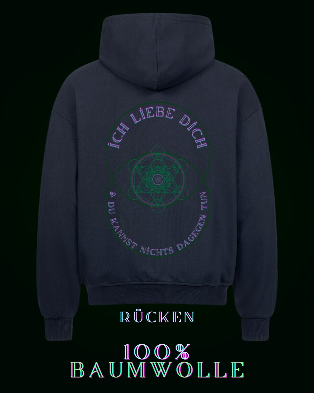 Navy blauer Kapuzenpullover (Hoodie mit Reißverschluss) mit dem Logo von ALPHA i OMEGA am rechten Fleck & dem Spruch "Ich liebe dich  und du kannst nichts dagegen tun" im Design der Zytokinesis eingebettet.