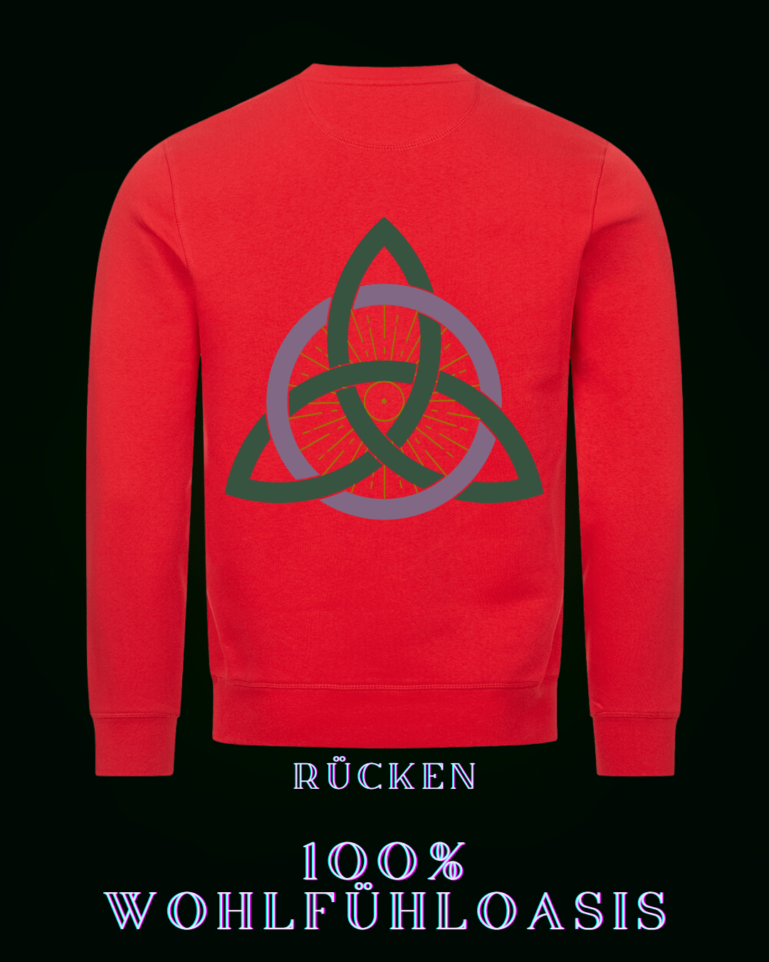 Roter premium Pullover aus 85 % Bio Baumwolle  für Herren & Damen gleichermaßen konzipiert - großes vikinger triquetrasymbol auf der Rückseite (ein harmonisch nach goldenem Schnitt berechnetem dreieinigkeitssymbol) mit einem Sonnensymbol in der Mitte - Auf der Front (am Herzen ein dezentes ALPHA i OMEGA Symbol - nachhaltiges sweatshirt  - langarmshirt - ökologischer pullover