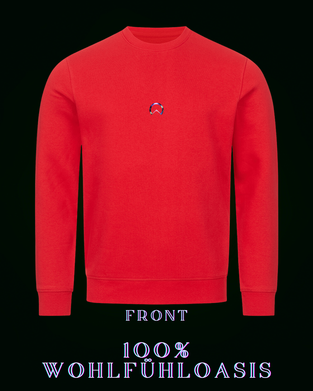 Roter premium Pullover für Herren & Damen gleichermaßen konzipiert - großes Zytokinesissymbol auf der Rückseite mit einem harmonisch nach goldenem Schnitt berechnetem Hexagon mit einem Sonnensymbol in der Mitte - Auf der Front (am Herzen ein dezentes ALPHA i OMEGA Symbol - nachhaltiges sweatshirt  - langarmshirt - pullover