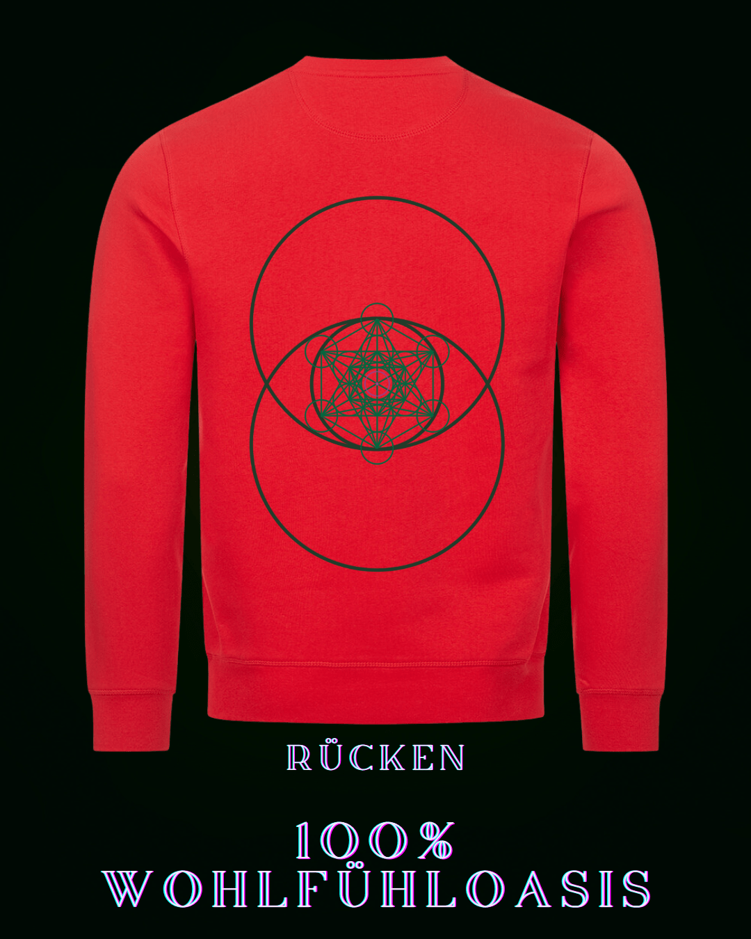 Roter premium Pullover für Herren & Damen gleichermaßen konzipiert - großes Zytokinesissymbol auf der Rückseite mit einem harmonisch nach goldenem Schnitt berechnetem Hexagon mit einem Sonnensymbol in der Mitte - Auf der Front (am Herzen ein dezentes ALPHA i OMEGA Symbol - nachhaltiges sweatshirt  - langarmshirt - pullover