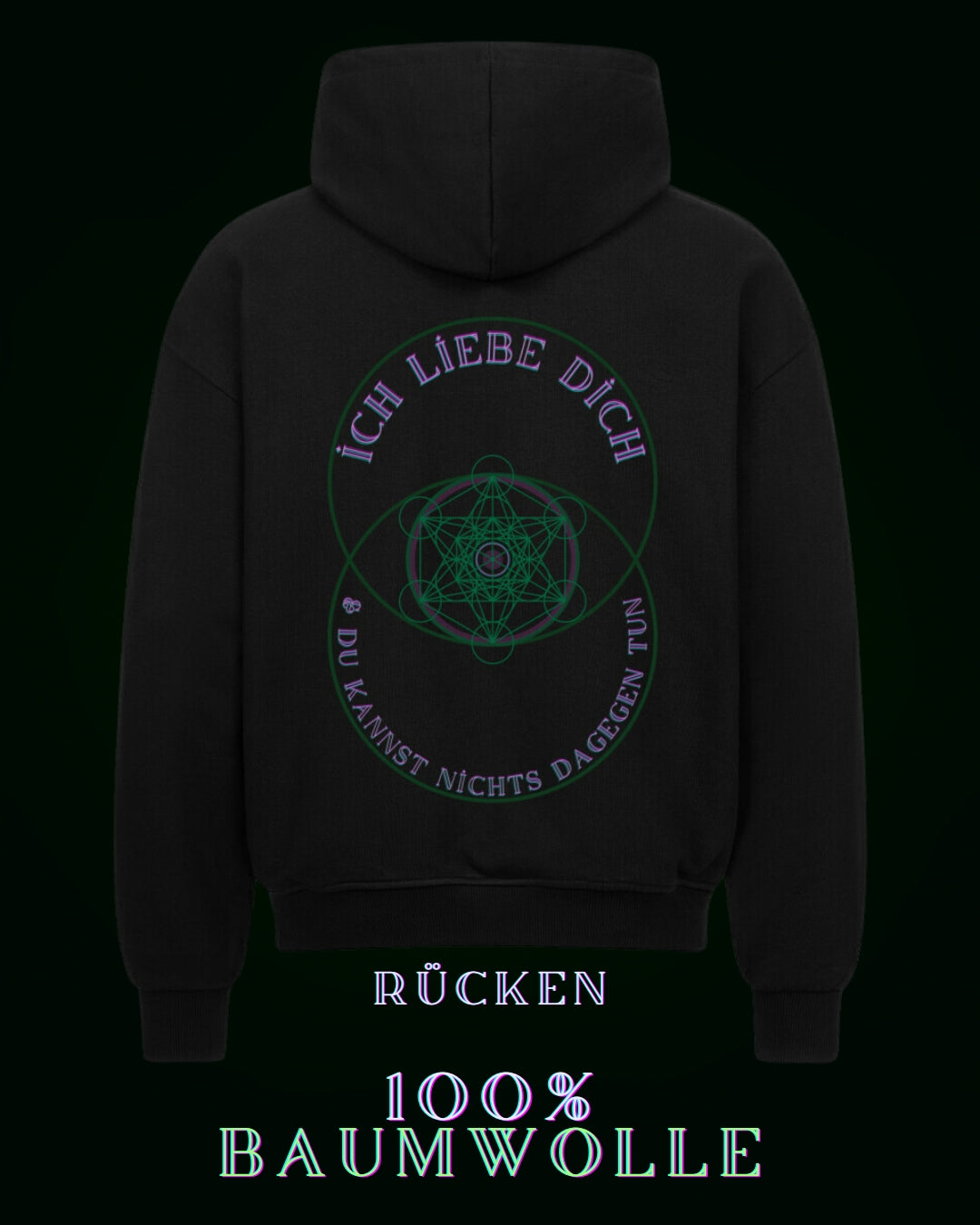 Schwarzer Kapuzenpullover (Hoodie mit Reißverschluss) mit dem Logo von ALPHA i OMEGA am rechten Fleck & dem Spruch "Ich liebe dich  und du kannst nichts dagegen tun" im Design der Zytokinesis eingebettet.