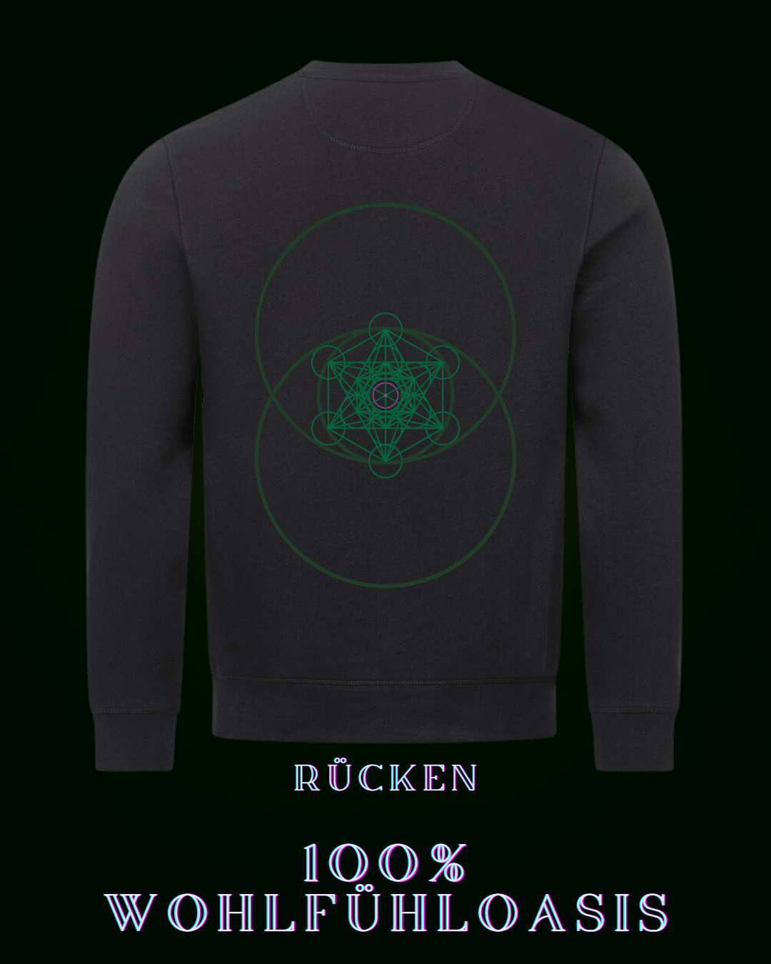 Schwarzer premium Pullover für Herren & Damen gleichermaßen konzipiert - großes Zytokinesissymbol auf der Rückseite mit einem harmonisch nach goldenem Schnitt berechnetem Hexagon mit einem Sonnensymbol in der Mitte - Auf der Front (am Herzen ein dezentes ALPHA i OMEGA Symbol - nachhaltiges sweatshirt  - langarmshirt - pullover