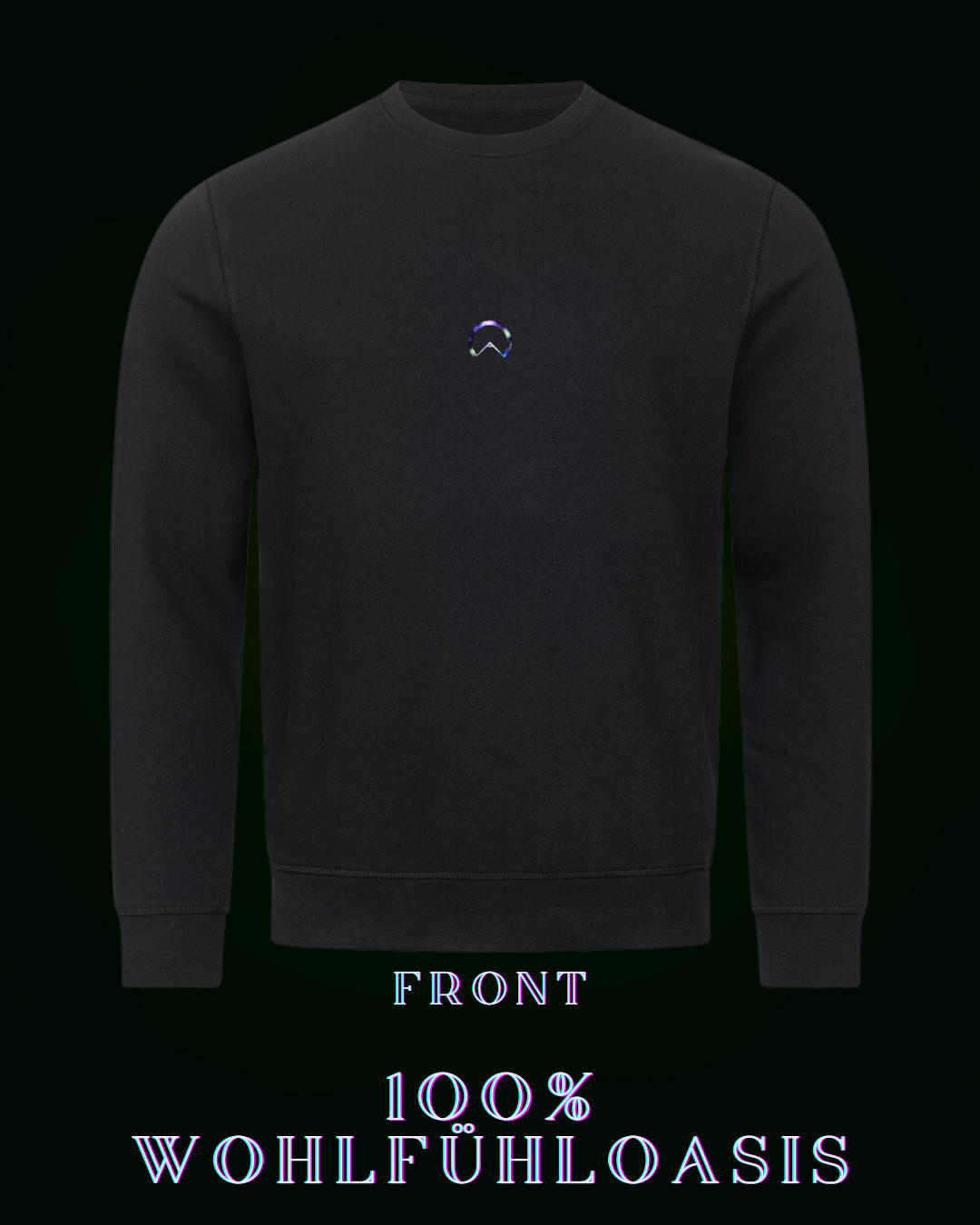 Schwarzer premium Pullover für Herren & Damen gleichermaßen konzipiert - großes Zytokinesissymbol auf der Rückseite mit einem harmonisch nach goldenem Schnitt berechnetem Hexagon mit einem Sonnensymbol in der Mitte - Auf der Front (am Herzen ein dezentes ALPHA i OMEGA Symbol - nachhaltiges sweatshirt  - langarmshirt - pullover