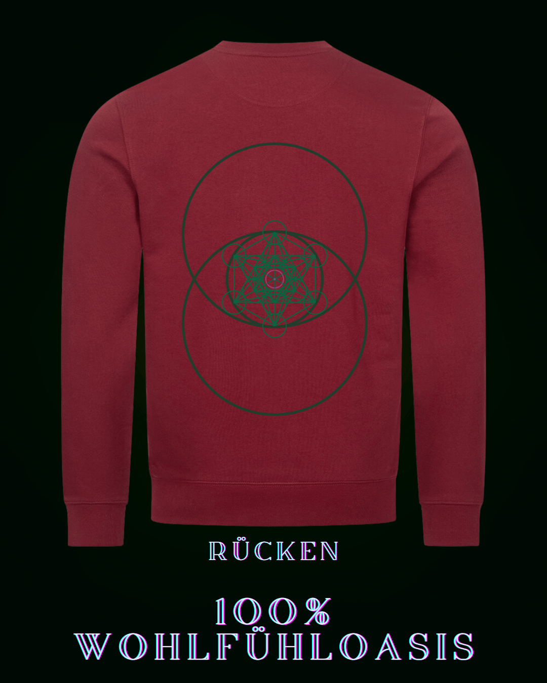 Weinroter Burgunder premium Pullover für Herren & Damen gleichermaßen konzipiert - großes Zytokinesissymbol auf der Rückseite mit einem harmonisch nach goldenem Schnitt berechnetem Hexagon mit einem Sonnensymbol in der Mitte - Auf der Front (am Herzen ein dezentes ALPHA i OMEGA Symbol - nachhaltiges sweatshirt  - langarmshirt - pullover