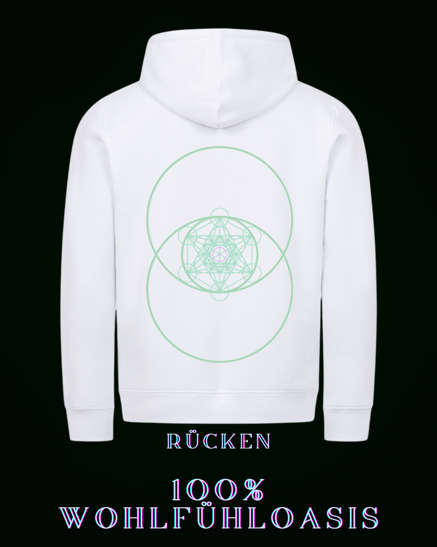 Weißer Kapuzenpullover 85% Bio Baumwolle für Damen & Herren gleichermaßen konzipiert - Hoodie mit schönem Zytokinesis Logo mit nach goldener Schnitt basierten hexagonalen Struktur mitten drin & vorne am Herzen ein schönes, aber dezentes ALPHA i OMEGA Symbol- mit Bauchtasche von beiden Seiten