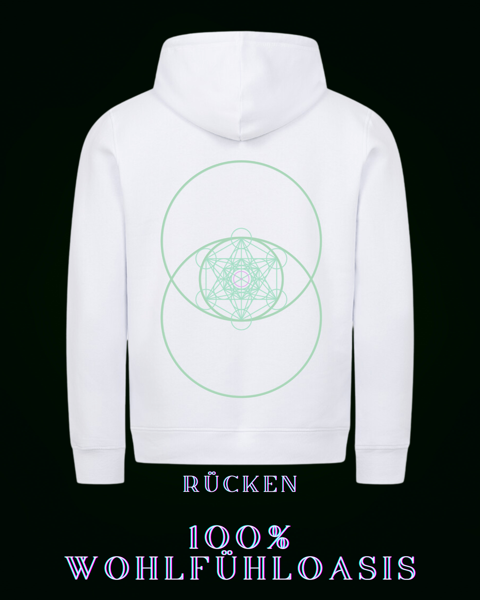 Weißer Kapuzenpullover 85% Bio Baumwolle für Damen & Herren gleichermaßen konzipiert - Hoodie mit schönem Zytokinesis Logo mit nach goldener Schnitt basierten hexagonalen Struktur mitten drin & vorne am Herzen ein schönes, aber dezentes ALPHA i OMEGA Symbol- mit Bauchtasche von beiden Seiten